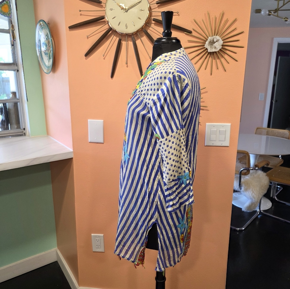 Positano By Jean Paul Small Blue & Cream Beaded Embellished V-Neck Tunic Top - Picture 5 of 16